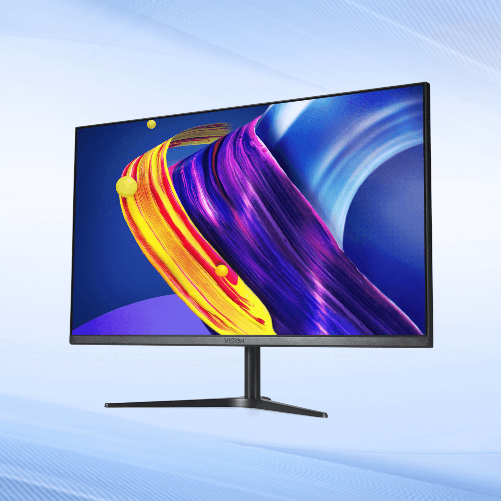 A sleek VISION WB PC Monitor displaying a vibrant wallpaper on a modern desk.