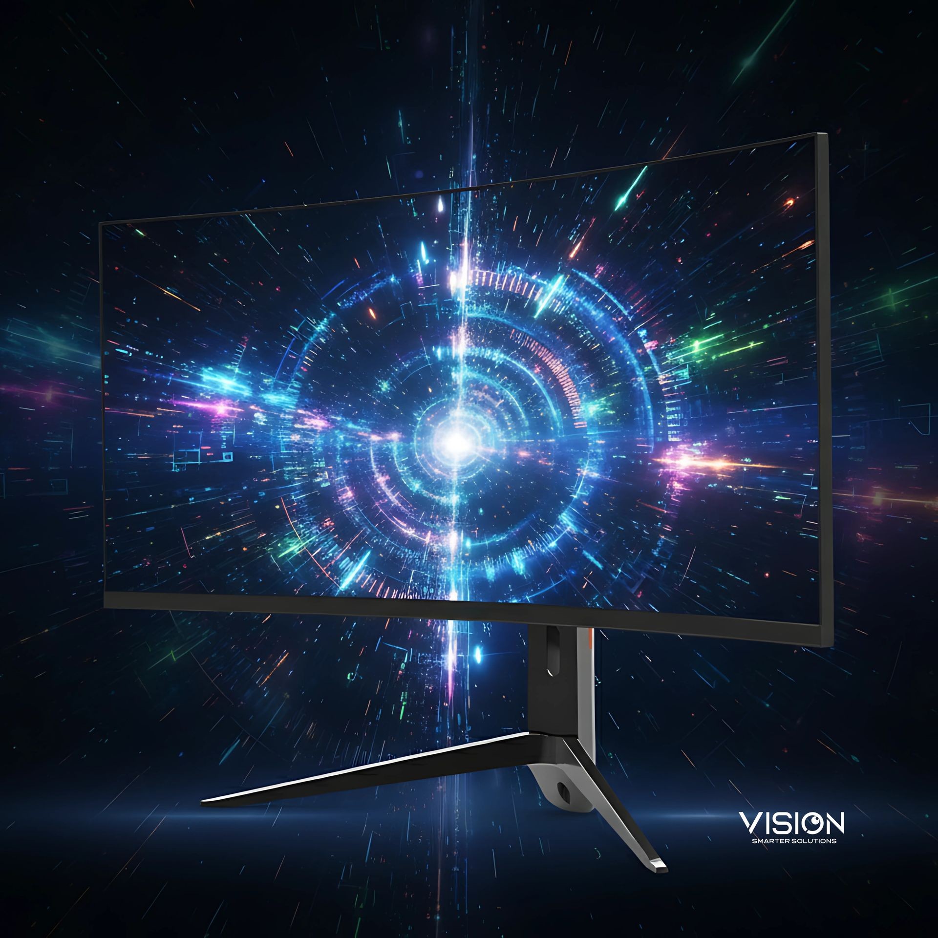 A sleek, ultra-wide VISION GX-V340 monitor displaying a vibrant gaming scene.